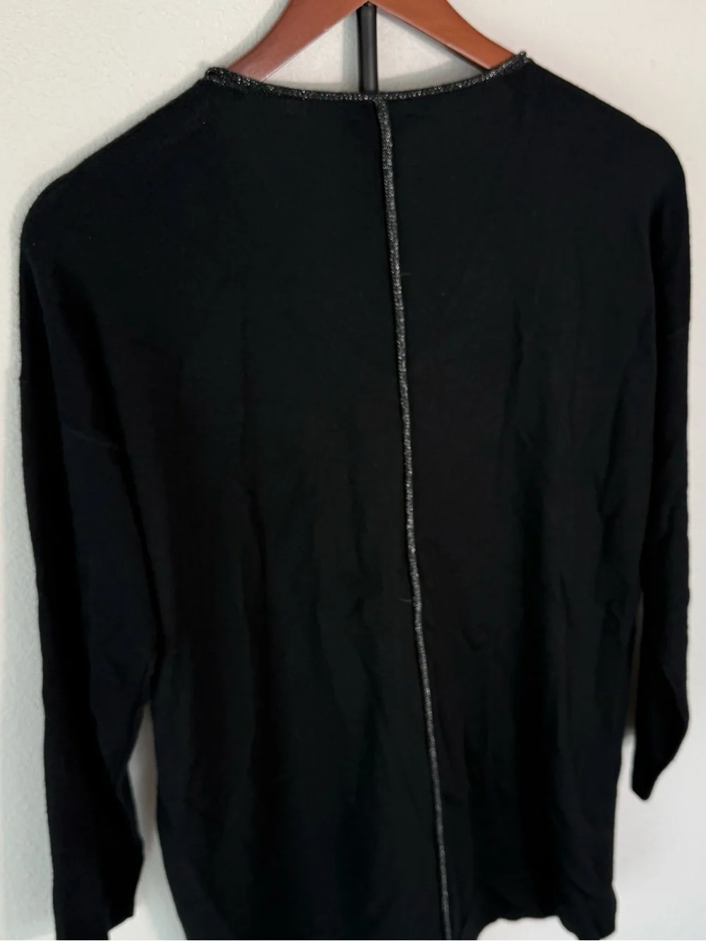 Eileen Fisher Merino Wool Metallic Trim V Neck Sweater Black Women Size S